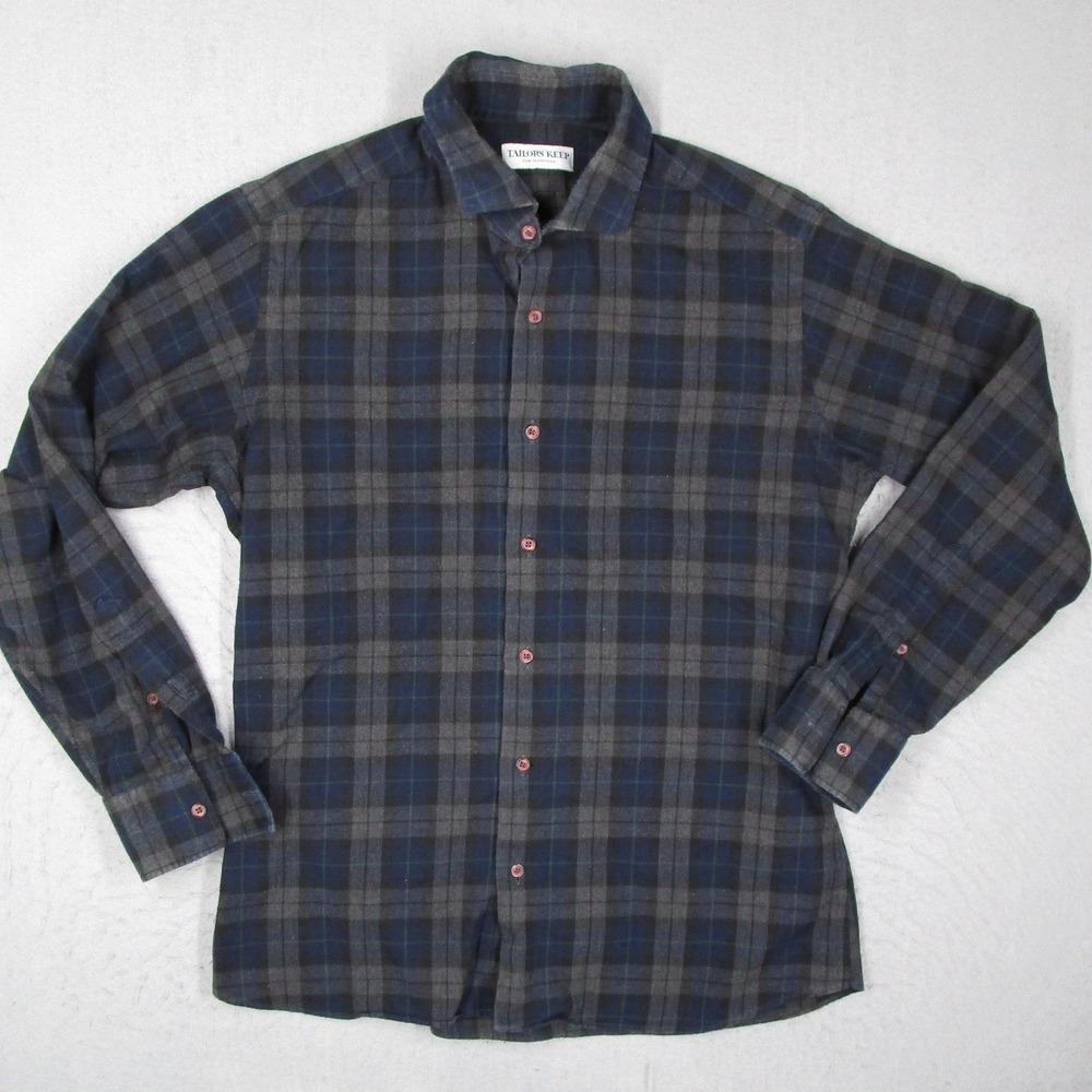 Tailors Keep San Francisco Men Plaid Flannel Shirt Navy Grey Made in USA Bespoke